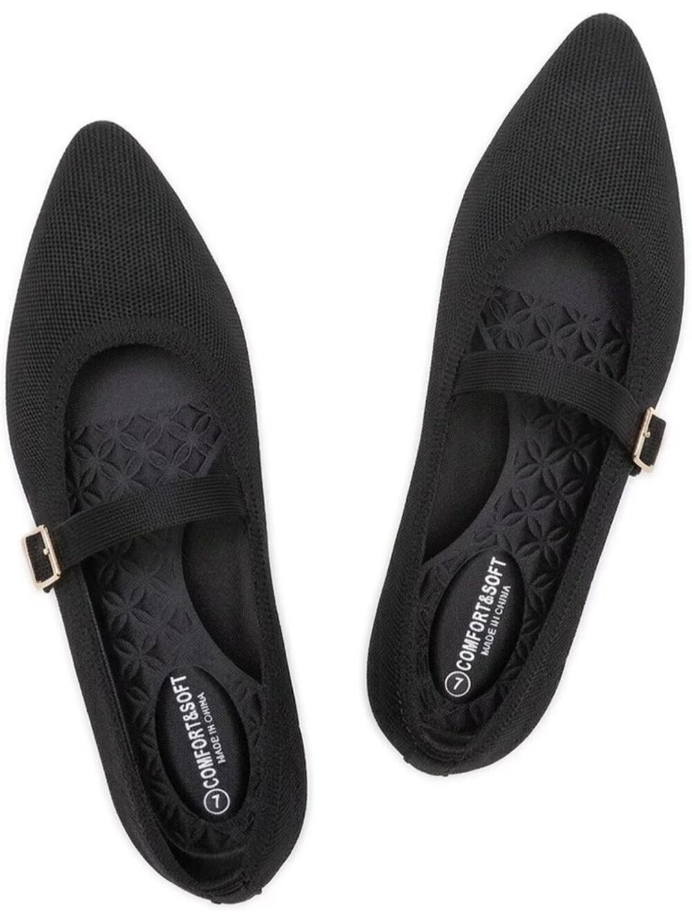 Women's Black Solid Mesh Mary Jane Pointed Toe Lightweight Washable Flat Shoes